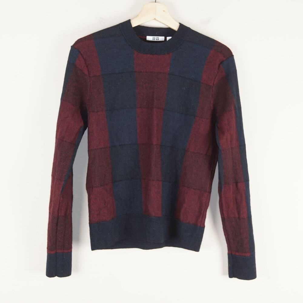 Uniqlo U Crew Neck Check 100% Wool Pullover Red Blue Sweater Mens Sz S